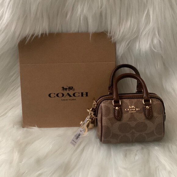 COACH Mini Rowan Bag Charm with Key Ring in Khaki/Mahogany - Picture 1 of 3